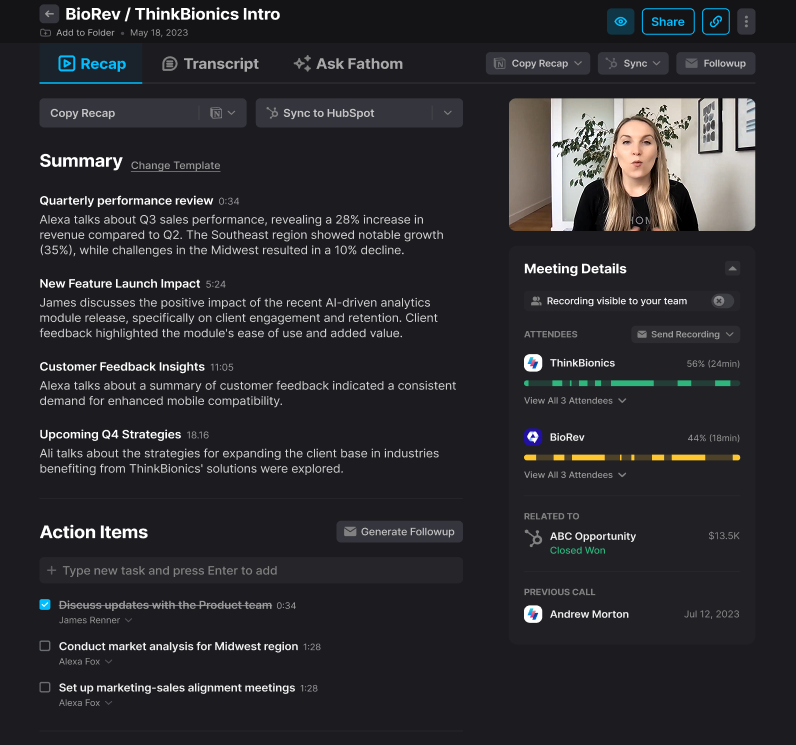 Fathom Recap workspace with meeting video, AI summary, and action items
