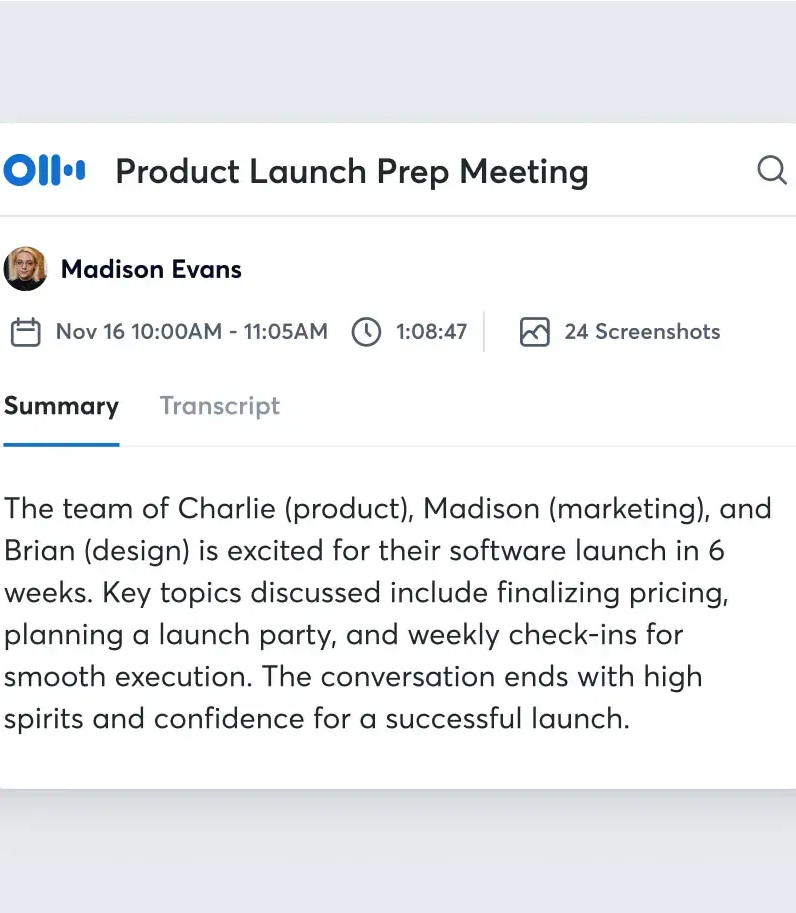Otter product-launch meeting summary card with transcript tab and screenshots
