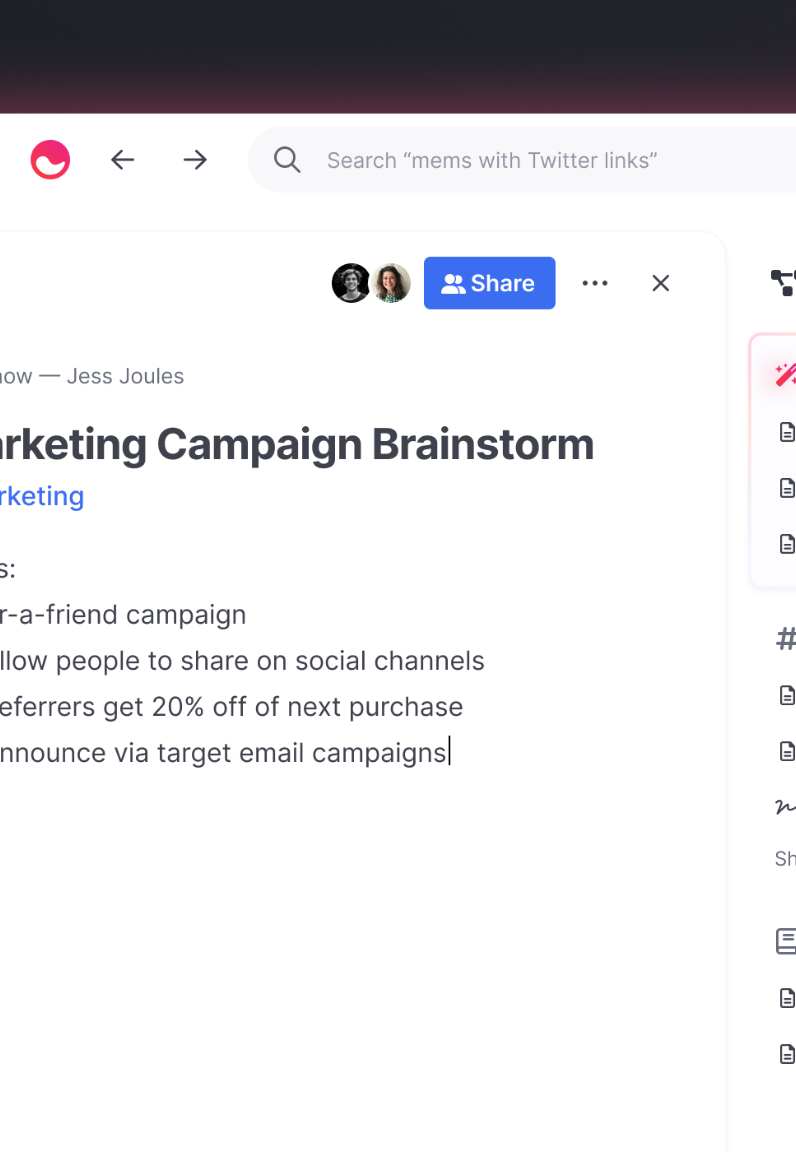 Mem marketing brainstorm note with related notes and workspace navigation