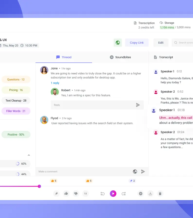 Fireflies meeting workspace with video, transcript, summary, and integrations