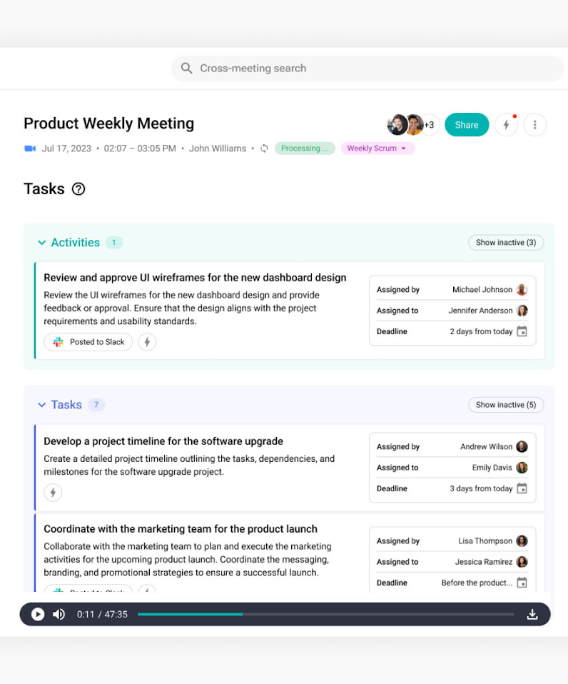 Sembly meeting note with tasks, summary, and transcript