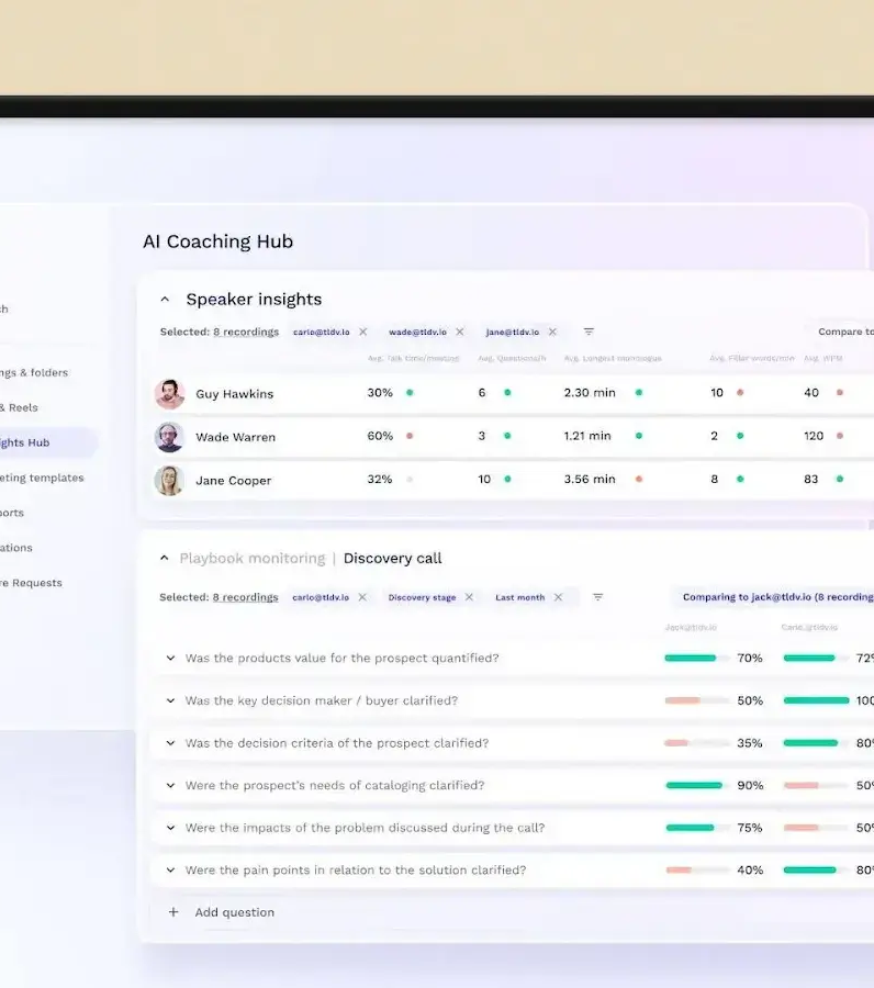 tl;dv coaching dashboard with speaker insights and meeting playback