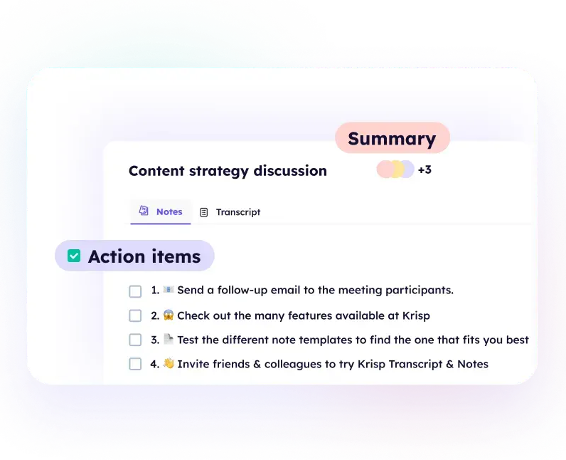 Krisp meeting summary with action items and transcript navigation