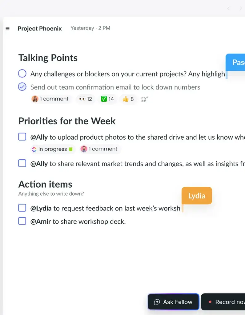 Fellow Ask AI panel beside shared talking points and assigned action items
