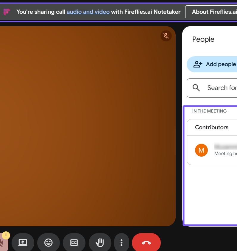 The consent banner Fireflies shows when recording through its Google Meet SDK integration instead of sending a visible bot