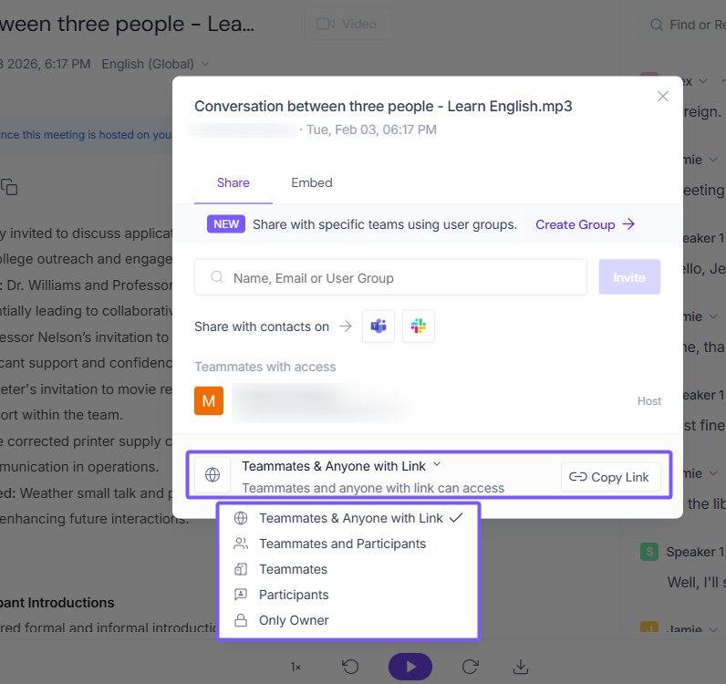 Fireflies' meeting recap sharing settings, with 'Teammates & anyone with the link' set as the default access level