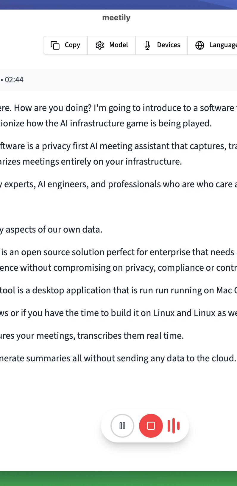 Meetily workspace with transcript, summary, decisions, and action items