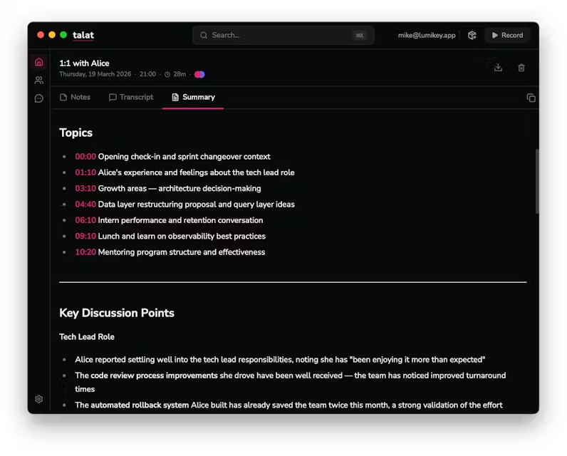 Talat meeting summary with timestamped topics and key discussion points