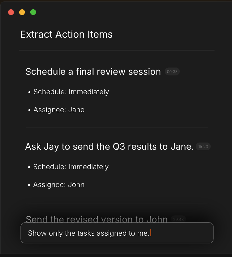 Shadow action-item extraction panel with task assignments