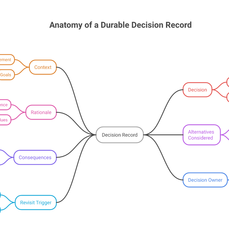 The context, alternatives, consequences, and review trigger around a decision record