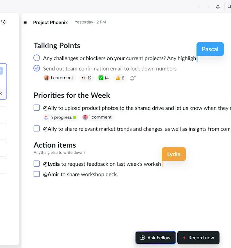 Fellow Ask AI panel beside shared talking points and assigned action items