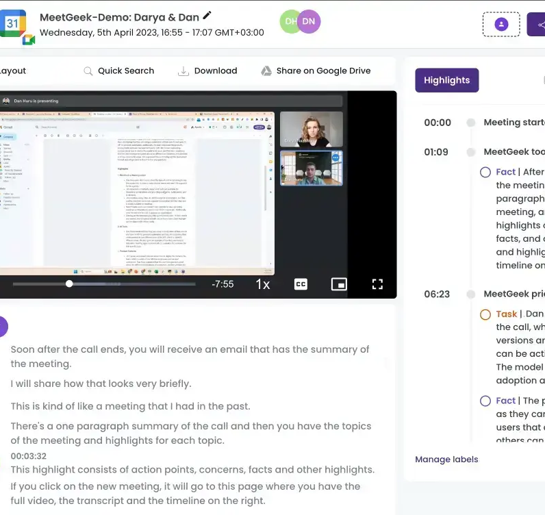 MeetGeek meeting workspace with video playback, transcript, and AI summary