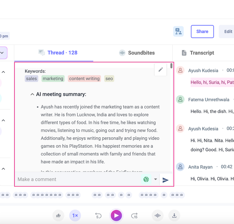 Fireflies meeting workspace with summary, transcript, sentiment, and speaker timeline