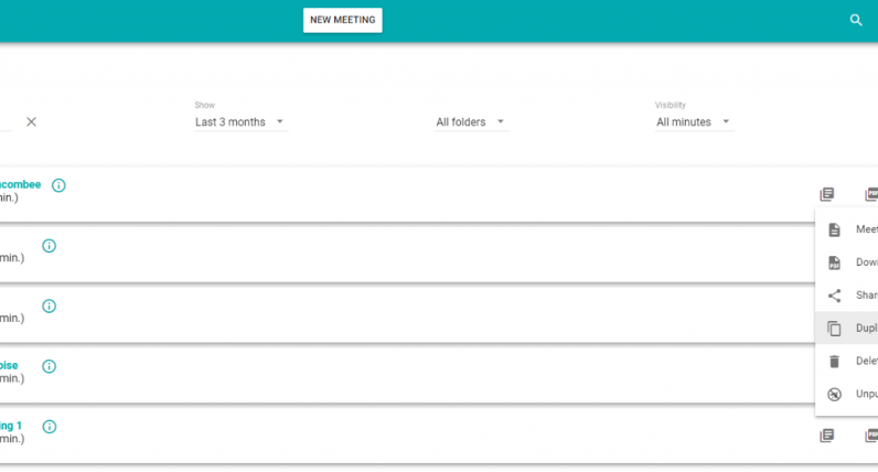 Beenote meeting-minutes list with meeting actions and export menu