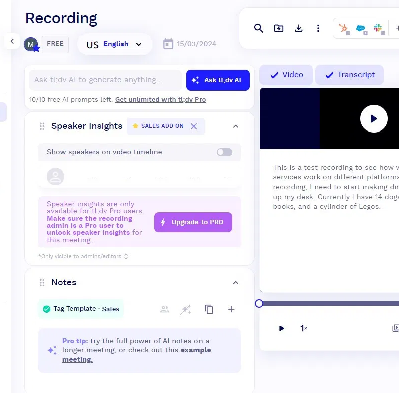 tl;dv recording workspace with video, transcript, notes, and speaker insights