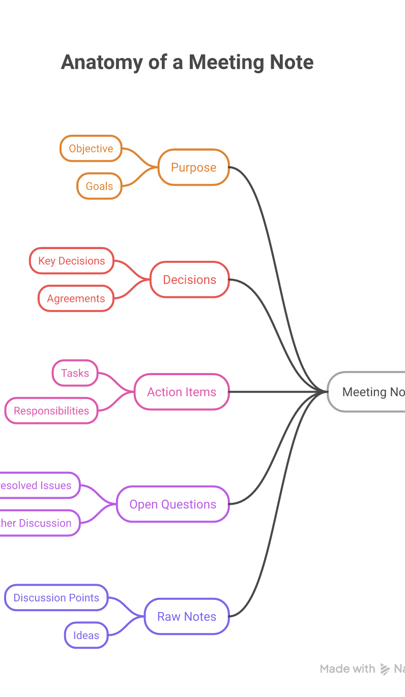 The anatomy of a useful meeting note, with outcomes above raw discussion