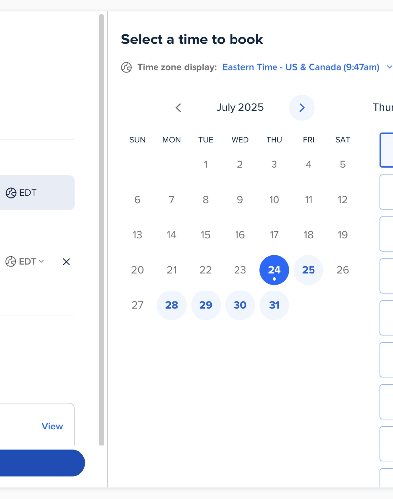 Calendly event-type settings beside a calendar of available time slots