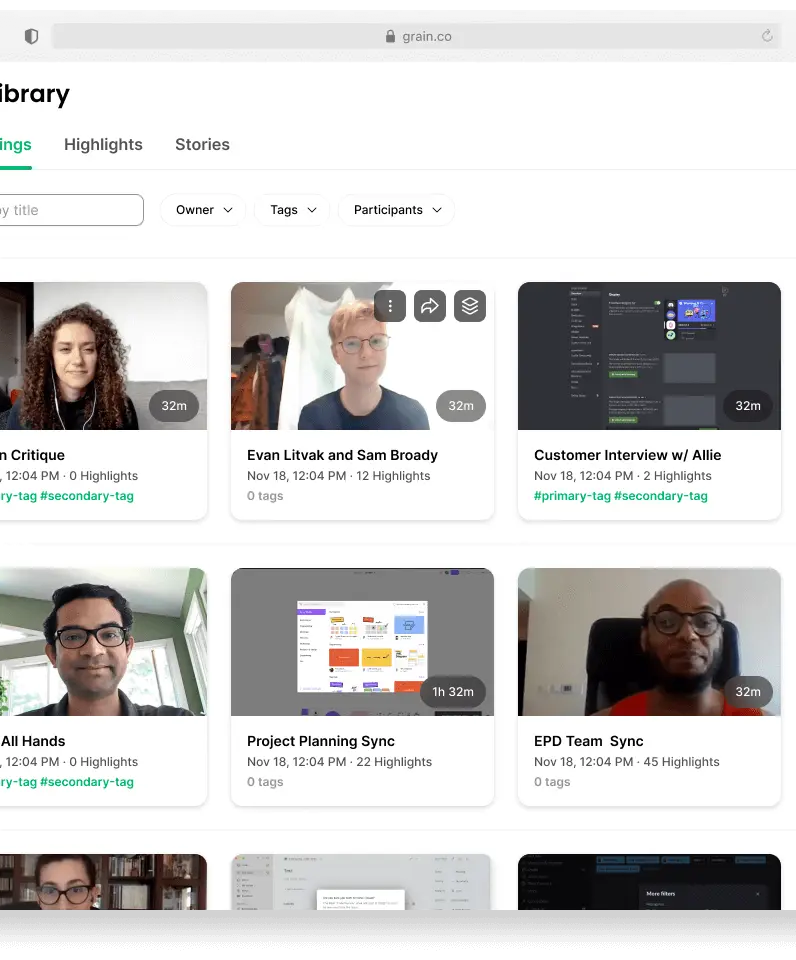 Grain meeting library with recordings, highlights, and stories