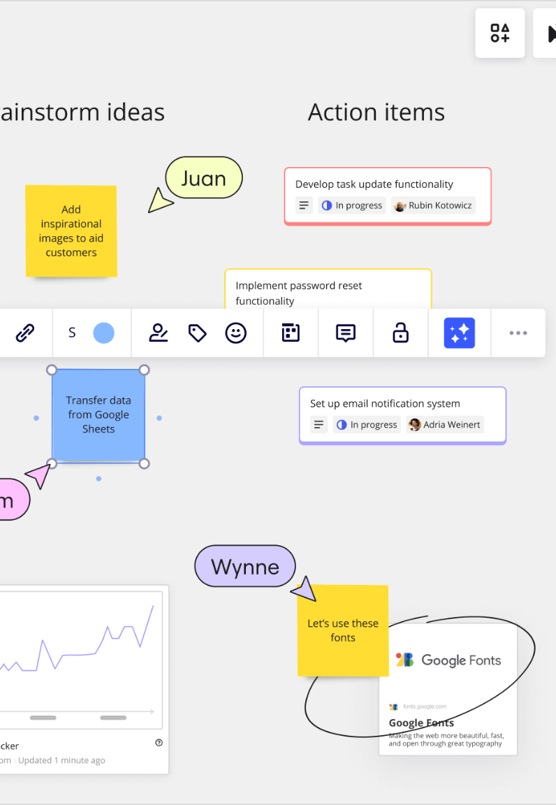 Miro project-retrospective board with notes, ideas, and action items