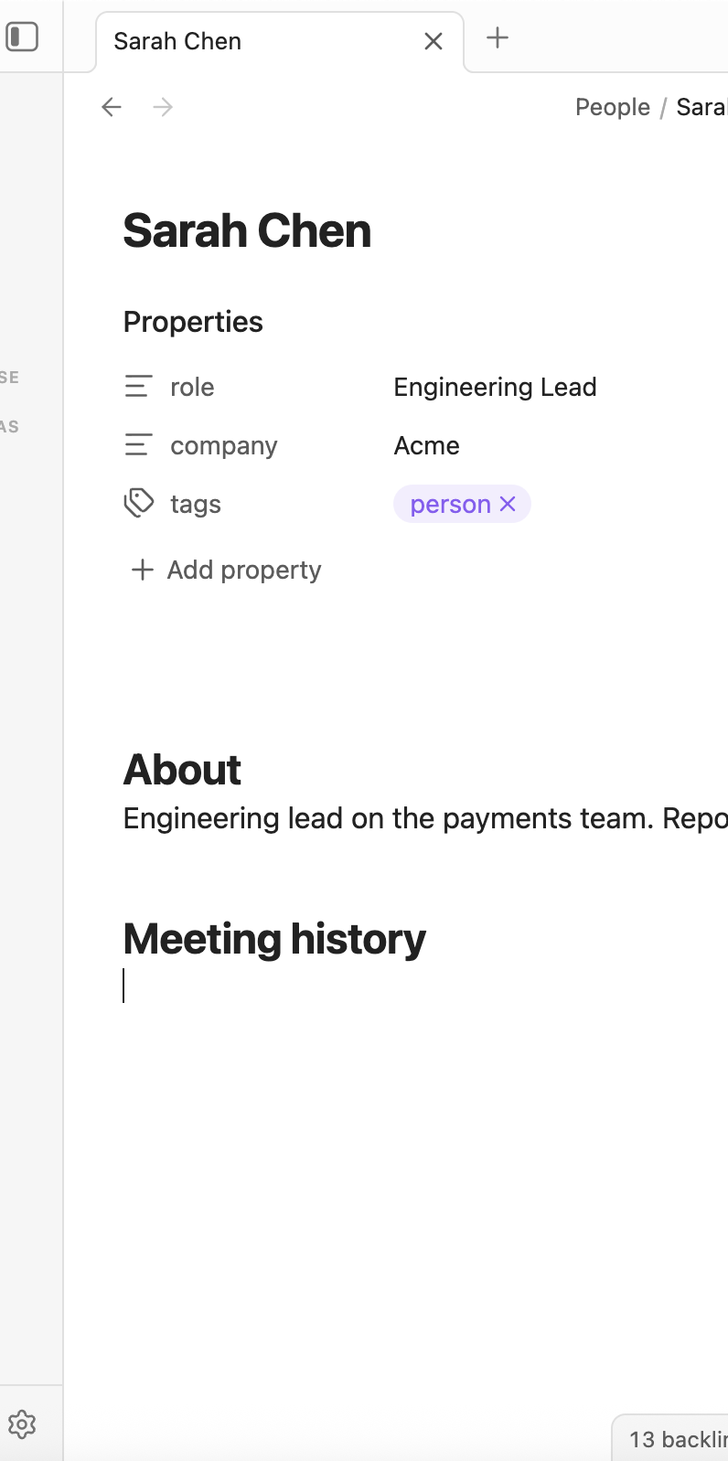 Person note in Obsidian with role, company, and tags properties