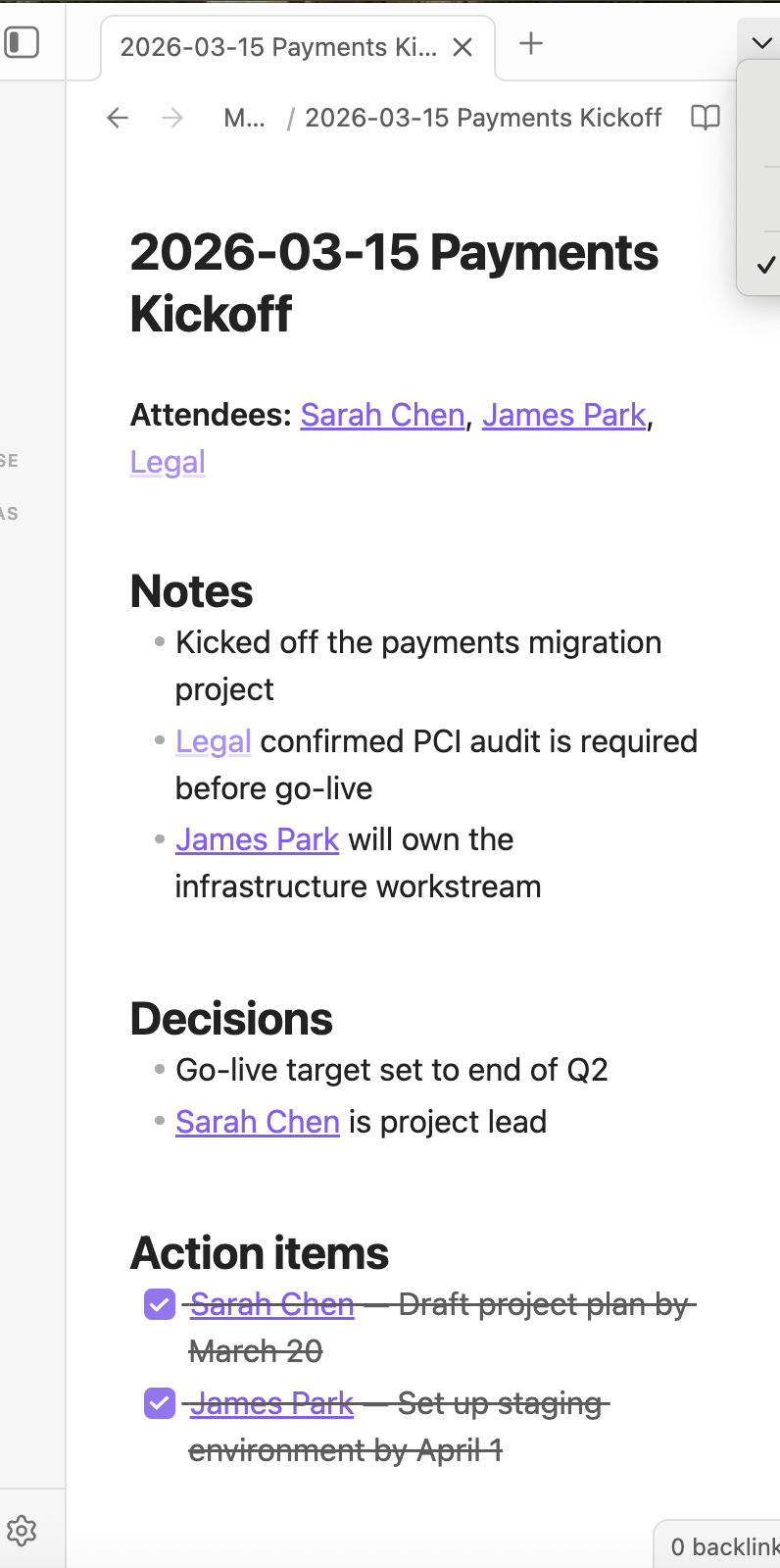 Person note with backlinks panel showing linked meeting notes