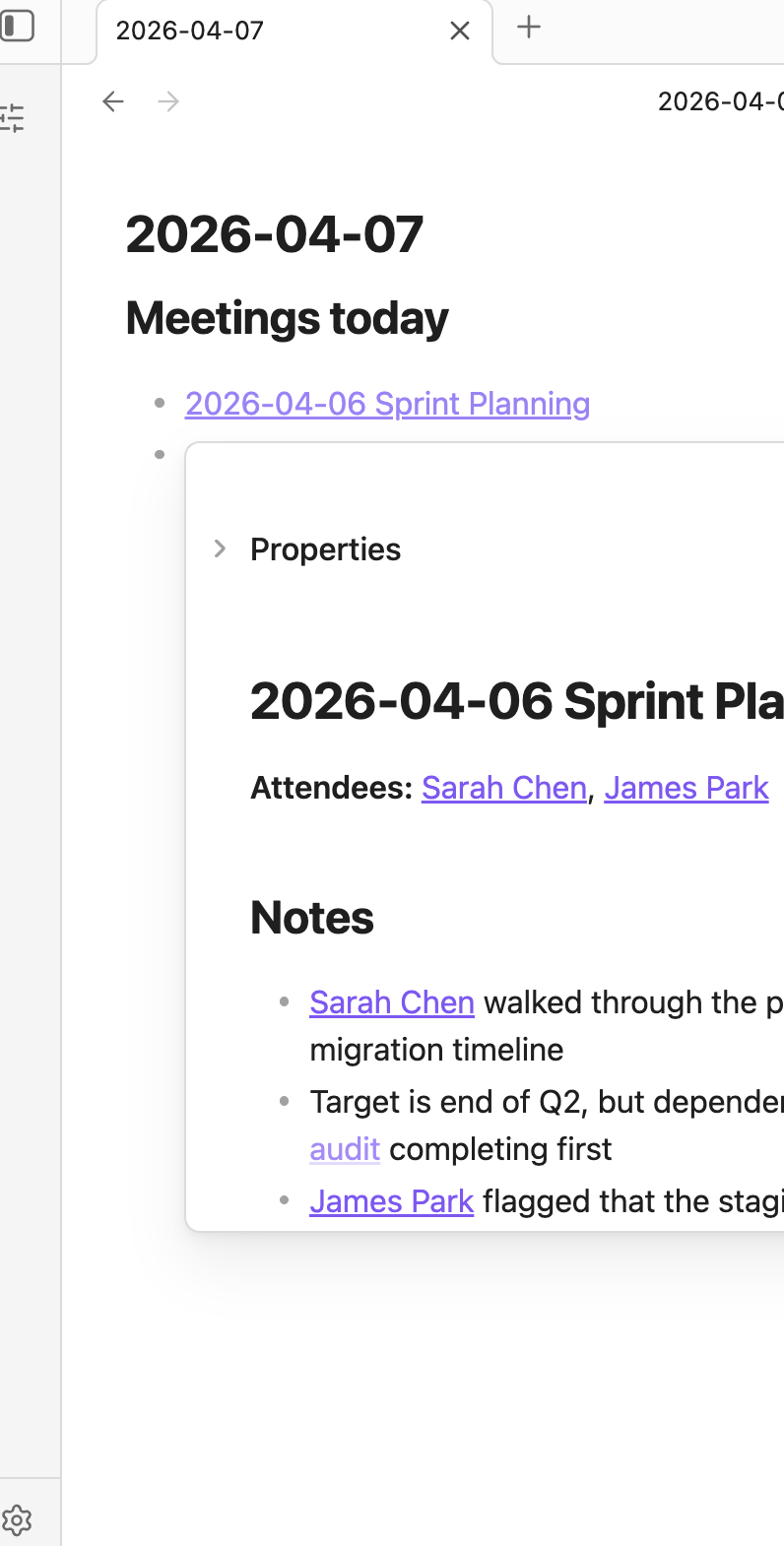 Daily note with wikilinks to today's meeting notes