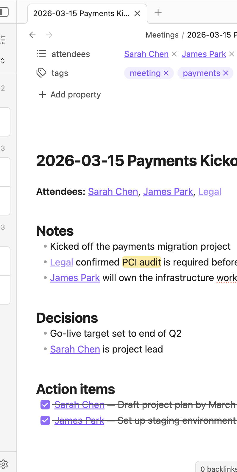 Obsidian search for a topic across all meeting notes