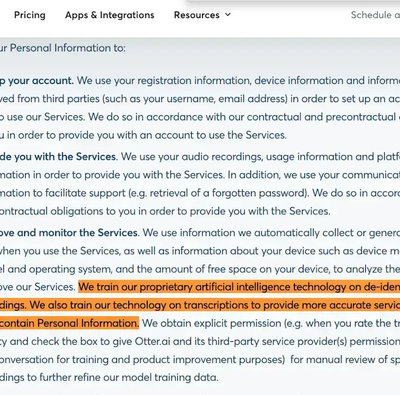 Otter privacy-policy language about training AI on de-identified recordings and transcripts