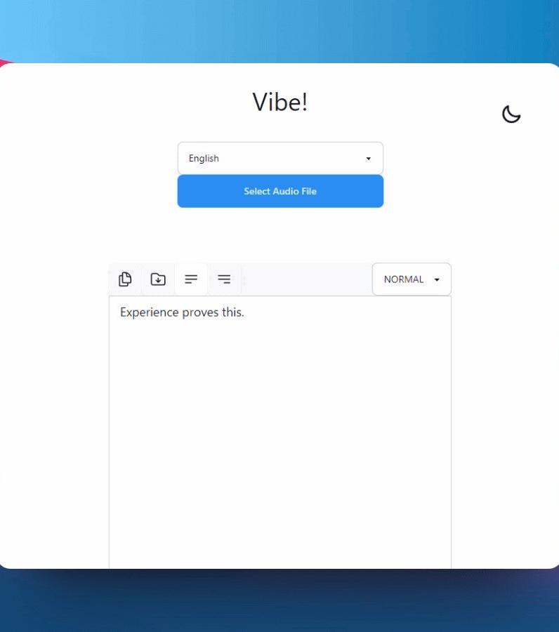 Vibe desktop app with language, model, and audio-file controls