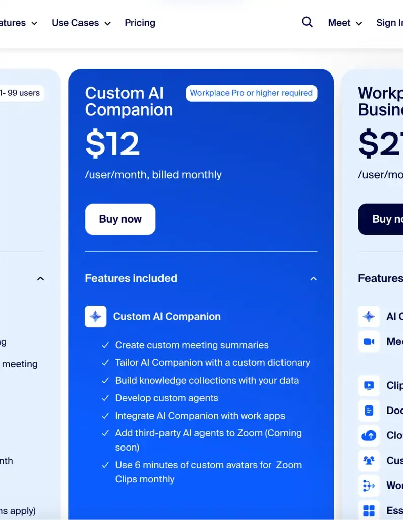 zoom ai companion pricing