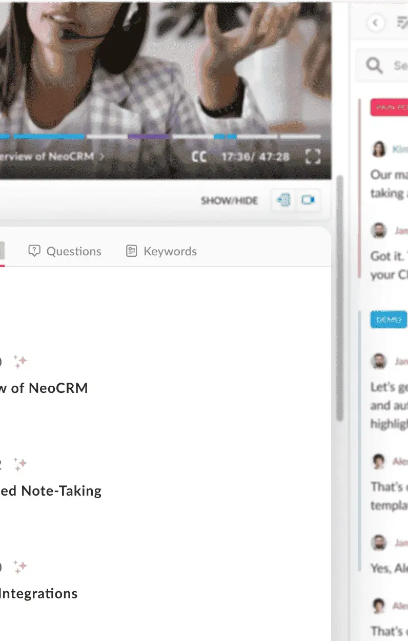 Avoma meeting workspace with video, transcript, and AI-generated chapters