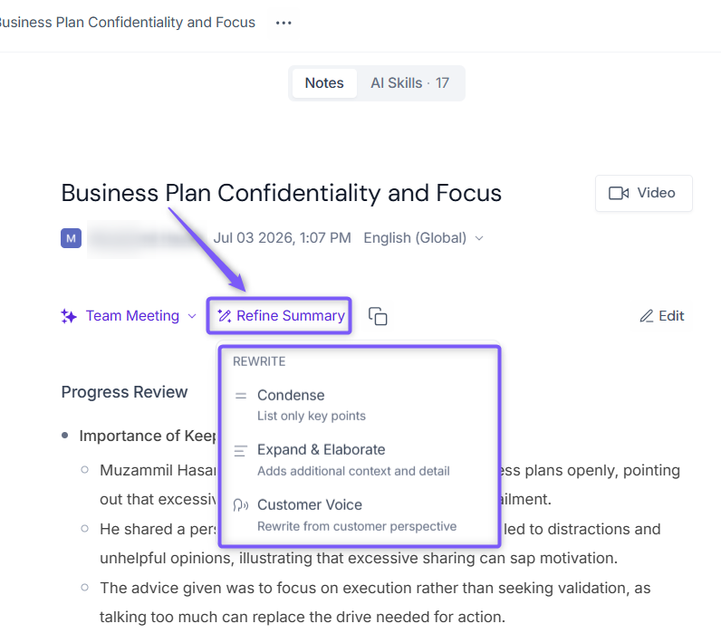 Fireflies meeting summary with controls to refine, expand, and regenerate the summary