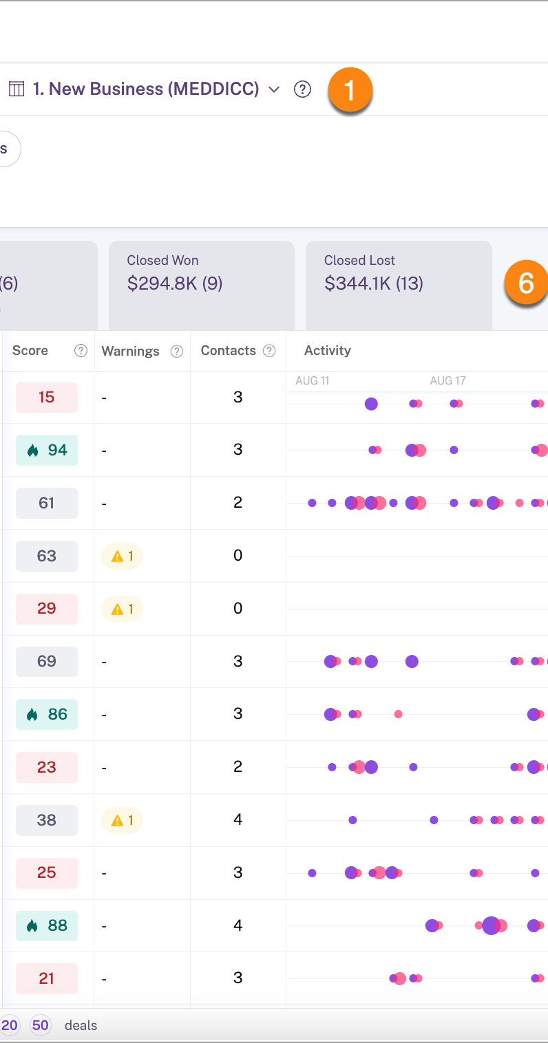 Gong deal board showing pipeline health, scores, warnings, contacts, and activity