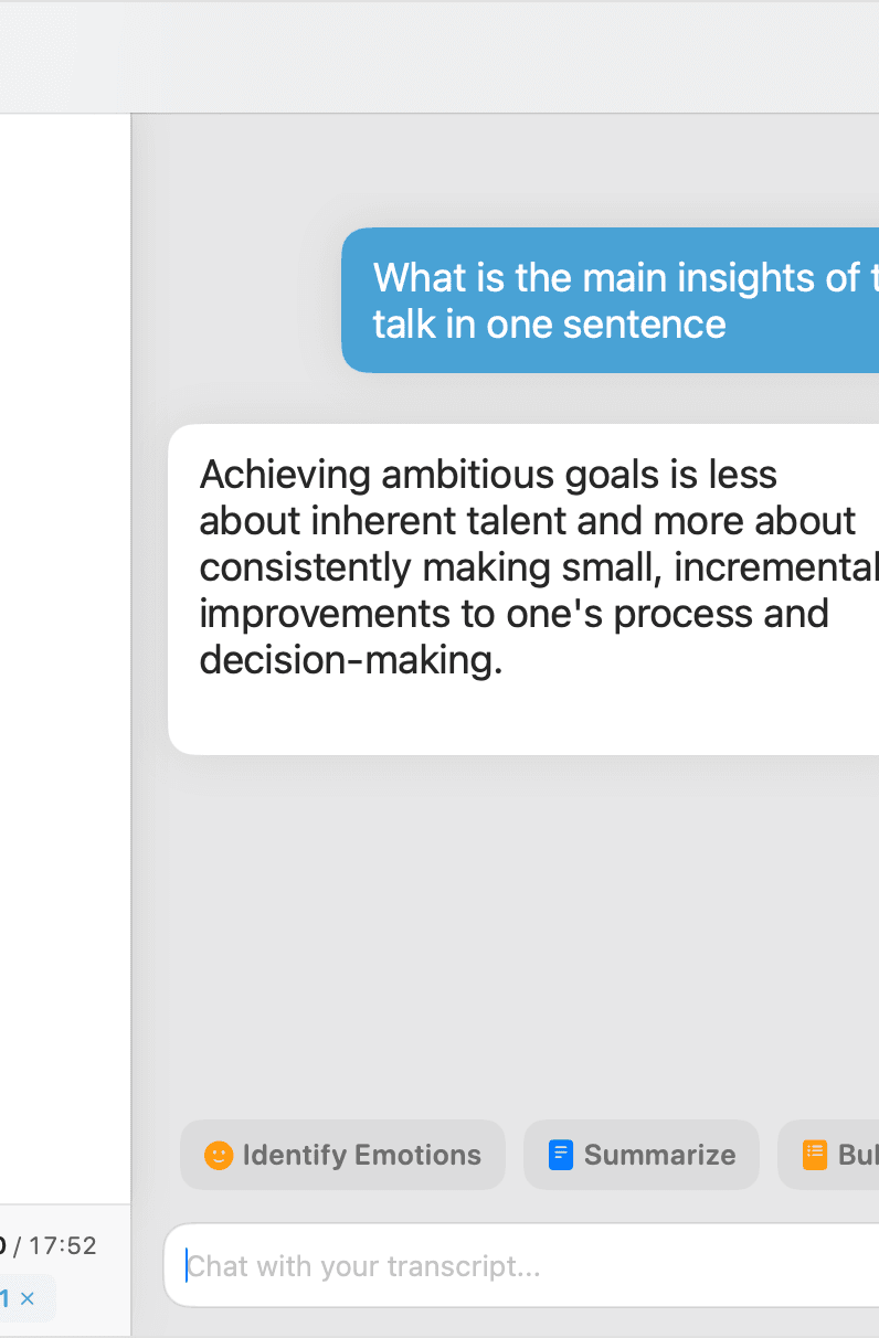 MacWhisper transcript with the AI chat panel and model selector