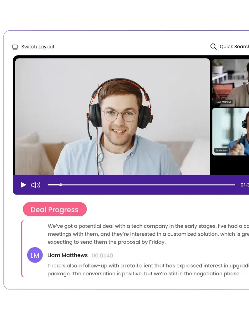 MeetGeek meeting view with speaker talk time, video, transcript, and AI insights