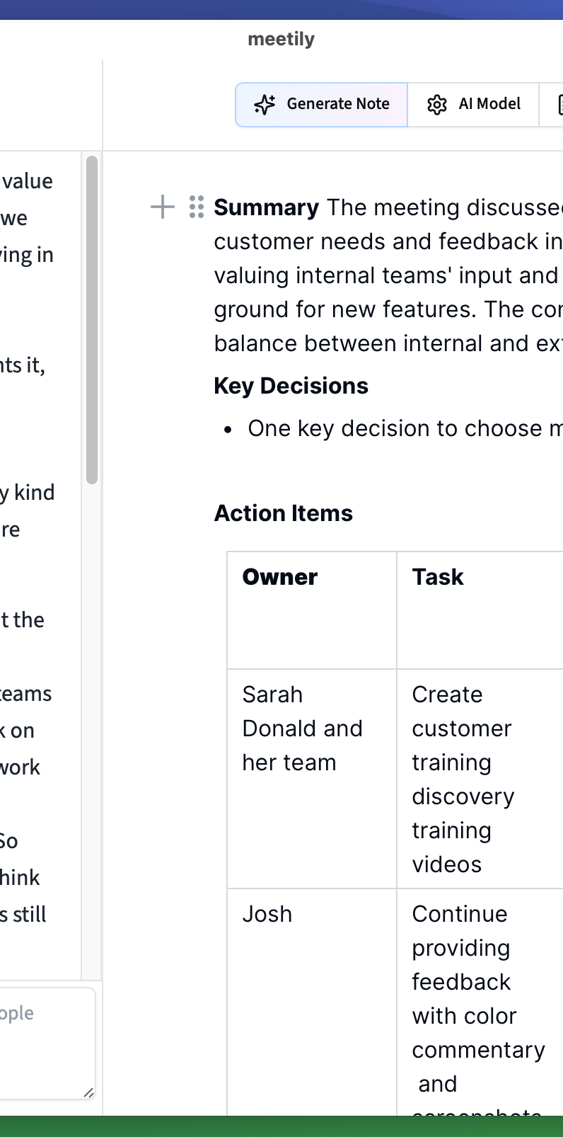 Meetily interface showing a timestamped transcript beside a generated summary, decisions, and action items