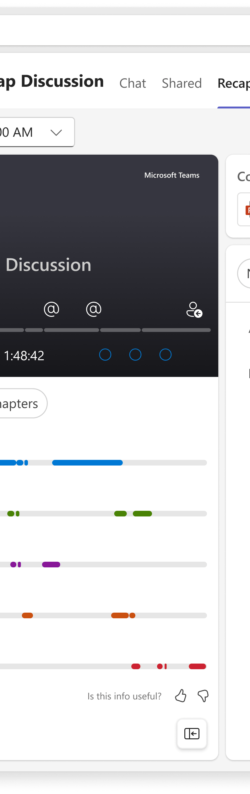 Microsoft Teams Intelligent Recap and Copilot view with AI summary, transcript, and speaker timeline