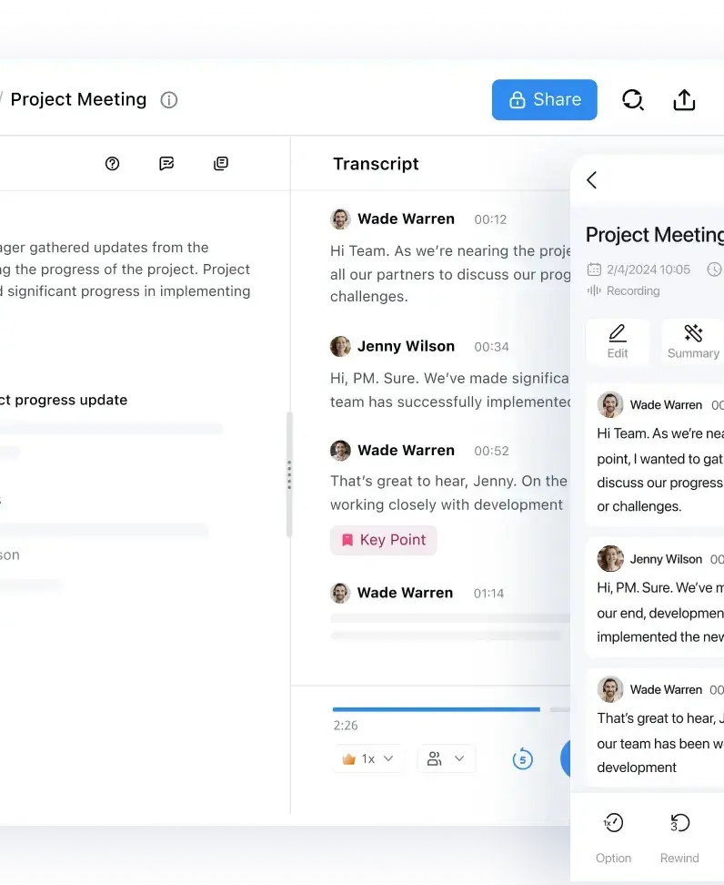 Notta desktop and mobile interfaces showing AI notes, speakers, and transcript playback