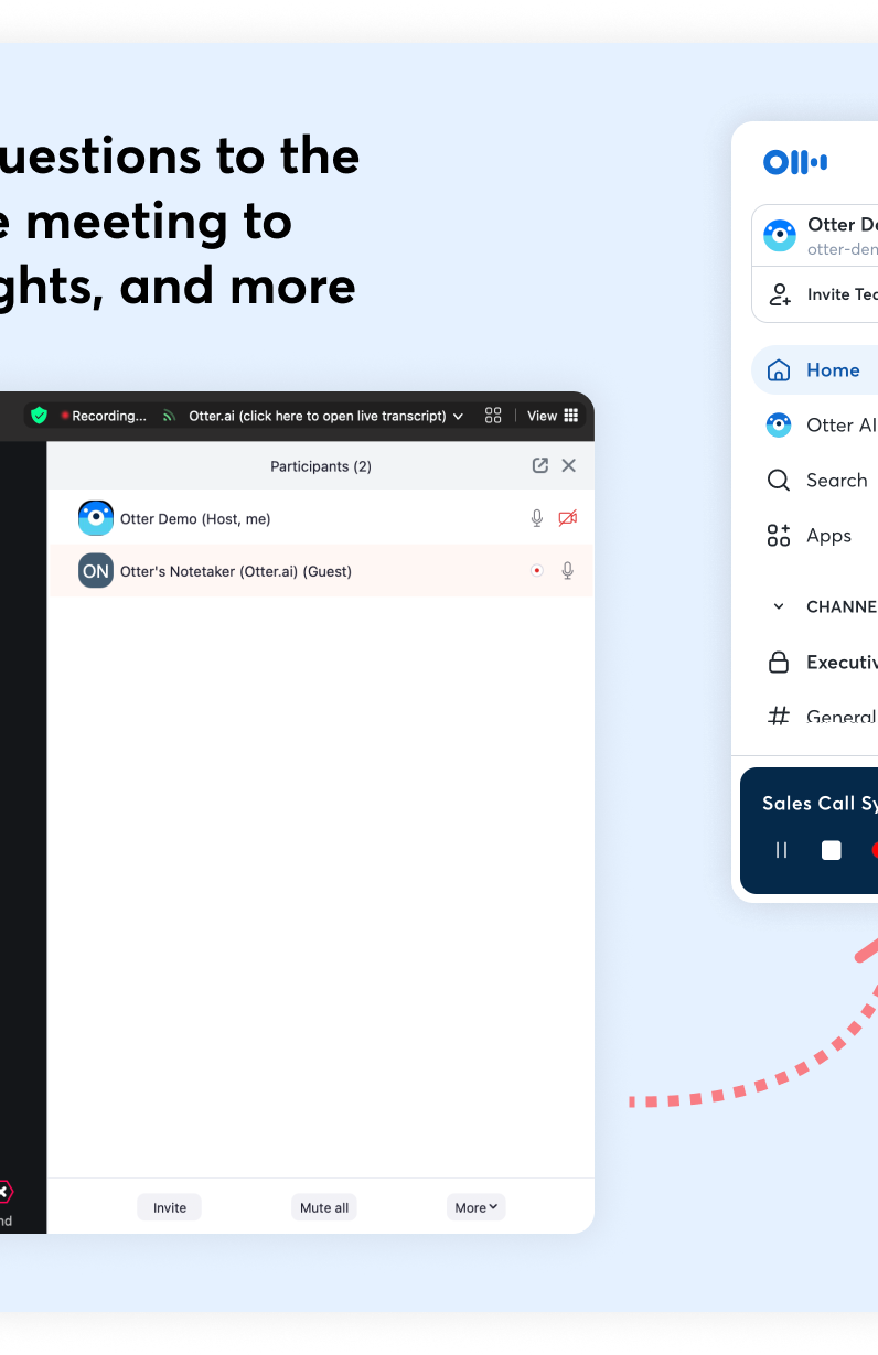 Otter Notetaker calendar controls, visible meeting participant, and live transcript workspace