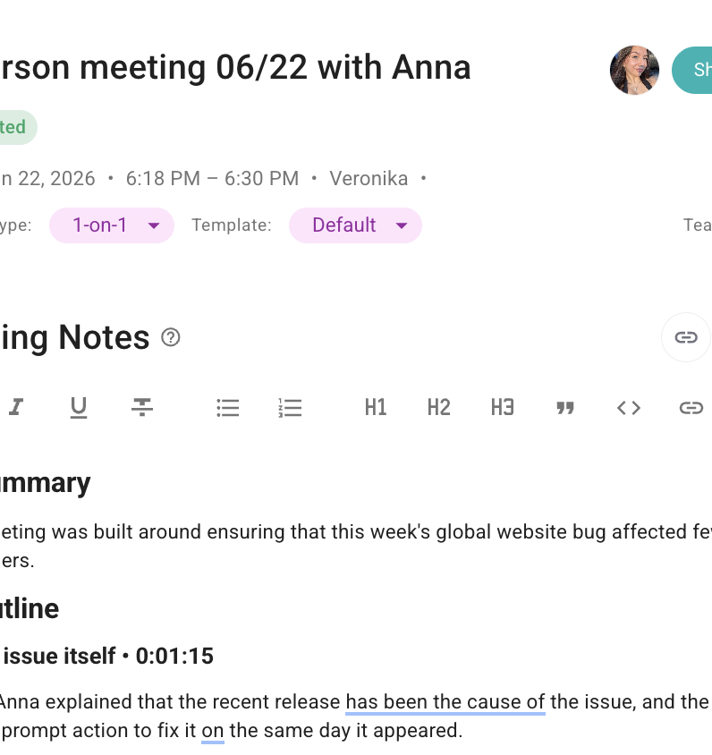 Sembly meeting notes editor with a generated summary, outline, and formatting controls