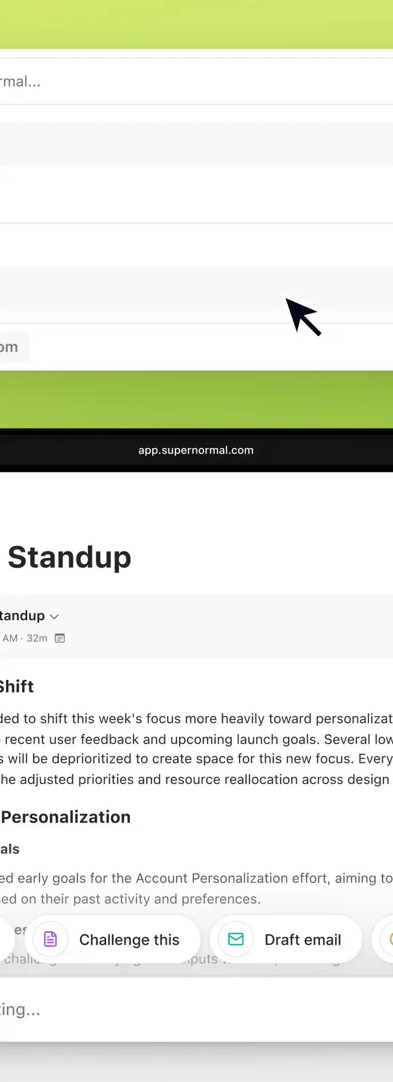 Supernormal meeting record with post-meeting actions for slides, email, and action items