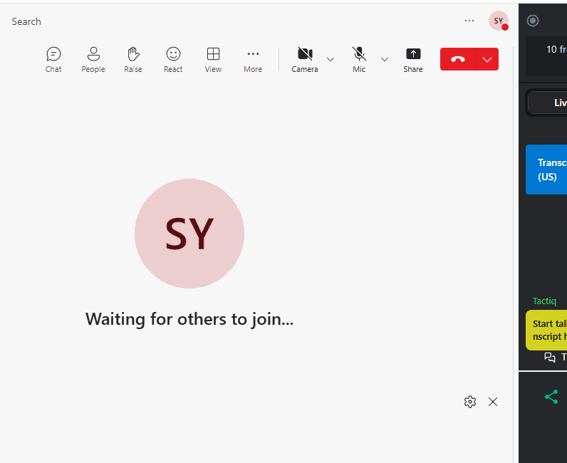 Tactiq Live Transcript panel beside a Microsoft Teams browser meeting