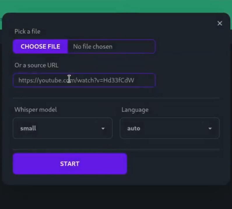 Whishper upload dialog with file, URL, model, and language controls