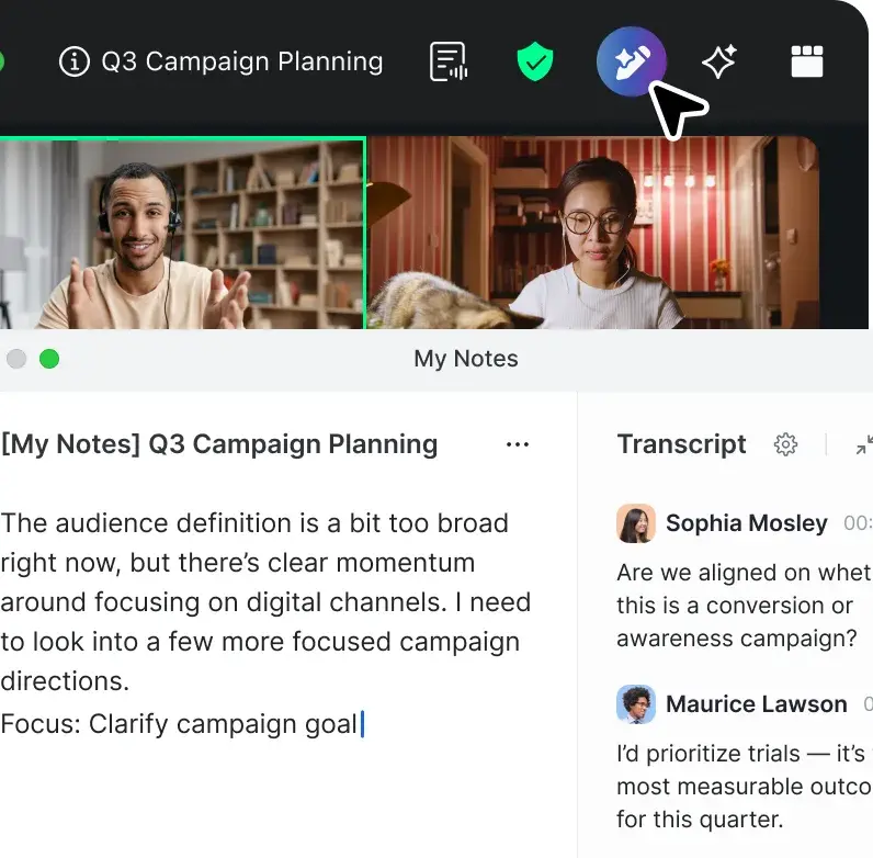 Zoom My Notes open during a call with live notes and transcript controls